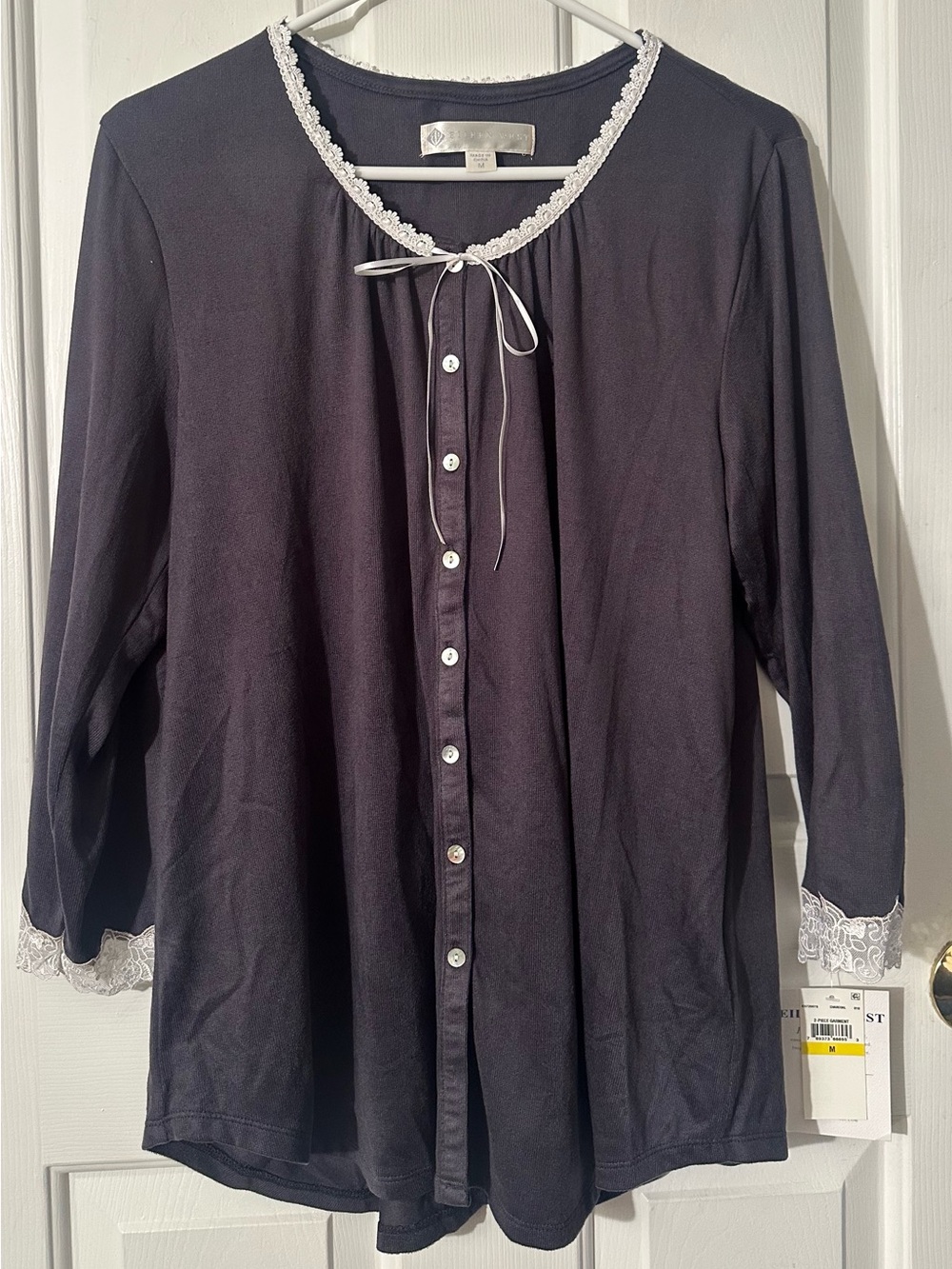 EILEEN WEST Medium Charcoal Gray Velvety Smooth Pajama Top Heirloom Lace Sleep